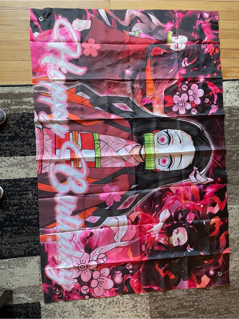 Nezuko Kamado Anime Wall Flag - Vibrant Pink & Black